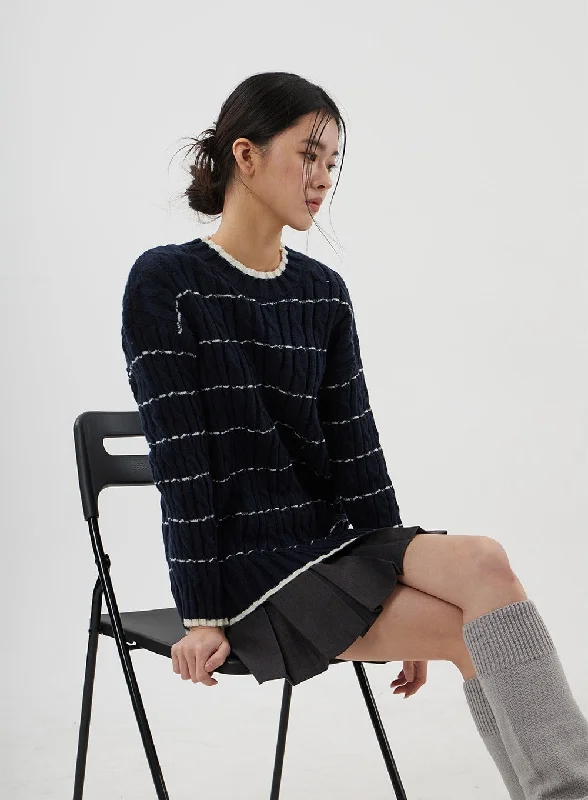 Cable Knit Stripe Crewneck Sweater CJ310