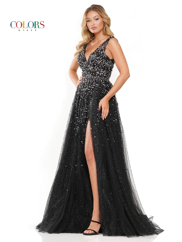 Colors 3270 Long Sleeveless Formal Beaded Mesh Prom Dress