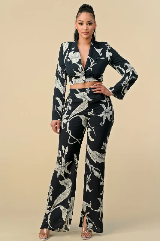 Long Sleeve Crop Blazer Print Pant Set