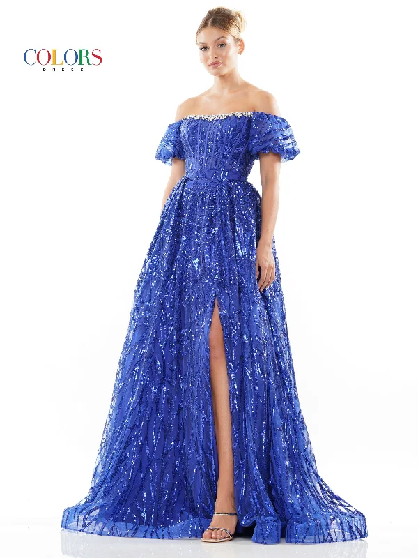 Colors 3232 Prom Long Off Shoulder Glitter Mesh Ball Gown