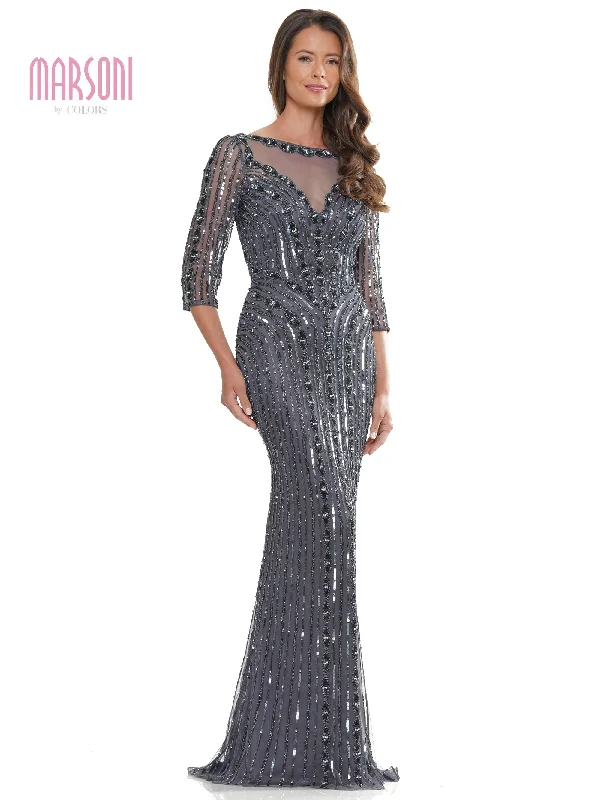 Marsoni MV1260 Mother of the Bride Long Beaded Mesh Quarter Sleeve Dress