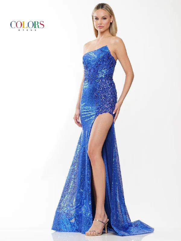 Colors 3129 Long Strapless Fitted Sequin Prom Dress