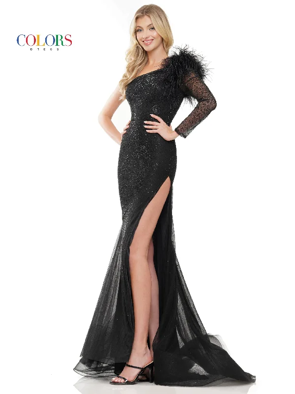 Colors 3251 Long One Shoulder Feather Prom Dress