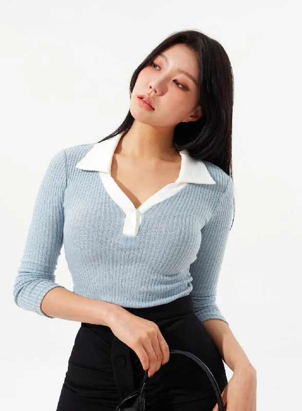 Ribbed Knit V-Neck Top IM323