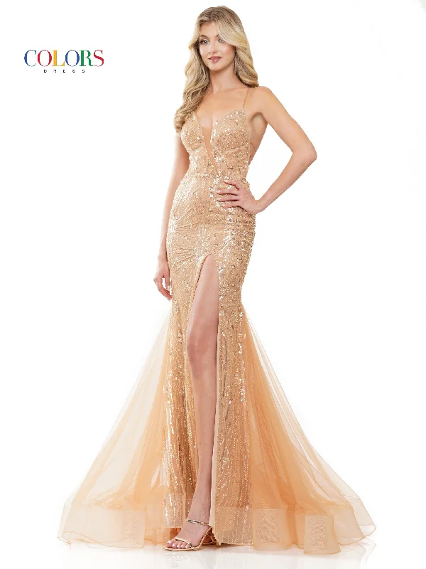 Colors 3123 Long Formal Slit Spaghetti Strap Prom Dress