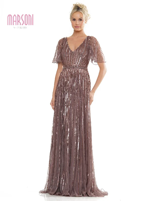 Marsoni MV1258 Mother of the Bride Long Beaded Mesh Short Sleeve Dress