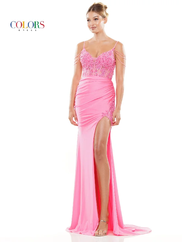 Colors 3302 Long Beaded Corset Bodice Front Slit Prom Dress