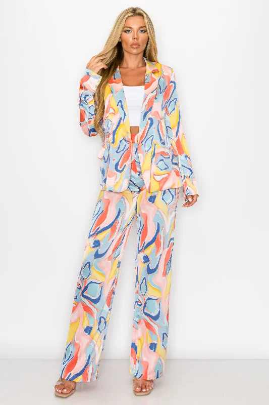 One Button Printed Blazer Pant Set