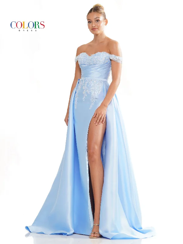 Colors 3177 Long Off Shoulder Satin Overskirt Prom Dress