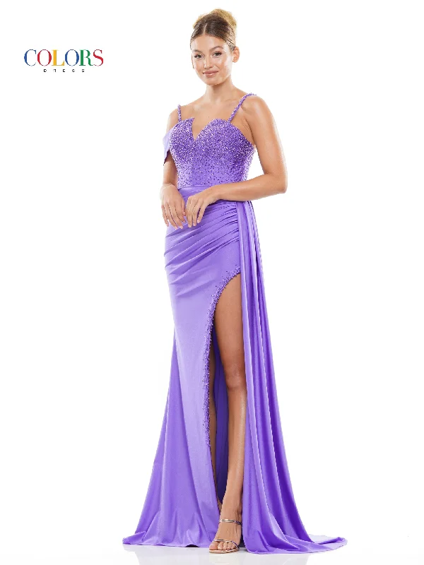 Colors 3297 Long Beaded Slit Drape Skirt Prom Dress