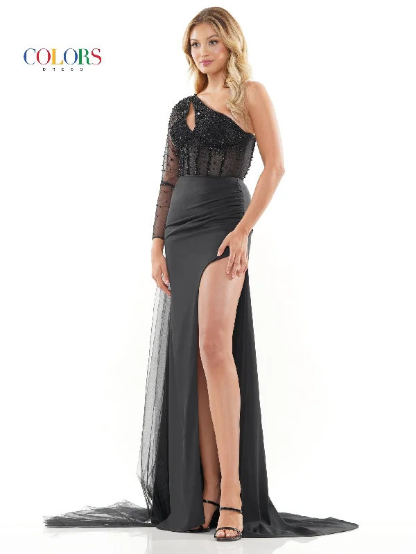 Colors 3164 Formal Long One Shoulder Beaded Mesh Prom Dress