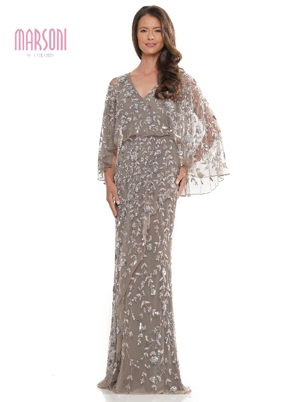 Marsoni MV1282 Mother of the Bride Beaded Mesh Cape Sleeve Dress