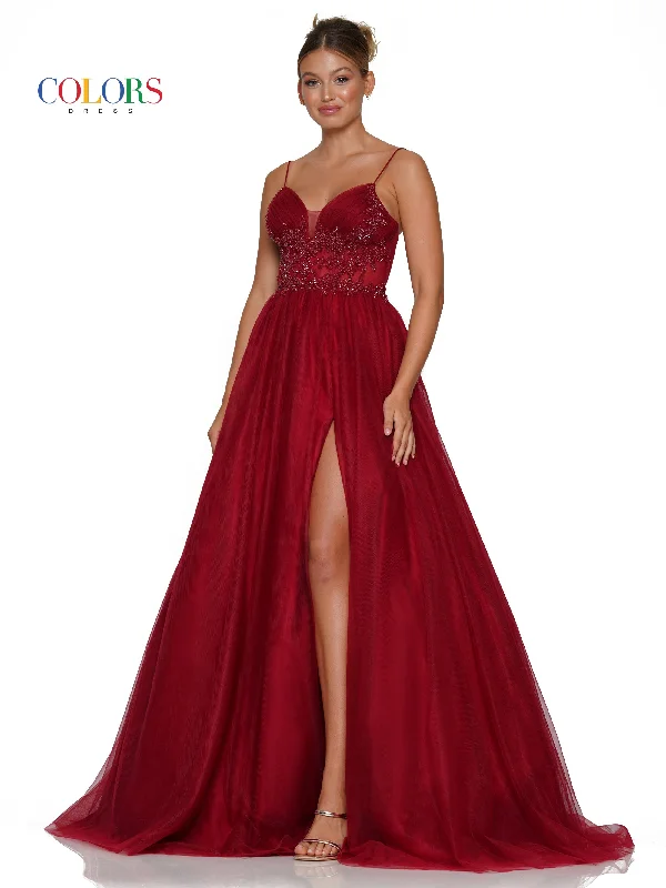 Colors 3227 Long Spaghetti Strap Beaded Mesh Prom Ball Gown