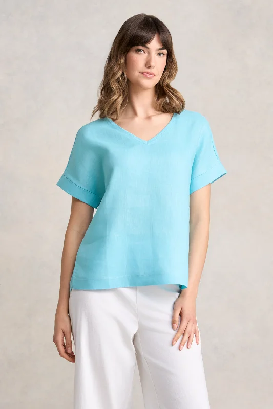 Linen Mix V-Neck Top - Blue Lake