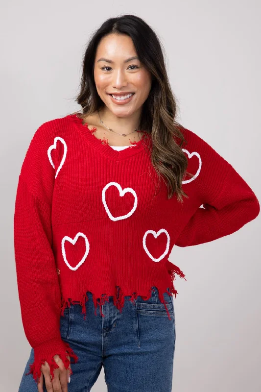 Simply Southern Heart Distressed V-Neck Sweater for Women in Red | PP-0224-SWTR-KNT-VNCK-VAL