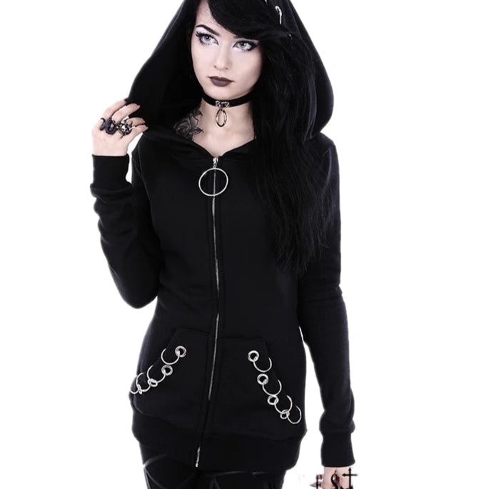 Women's Gothic Punk Iron Ring Long Sleeve Zip-up Black Jacket