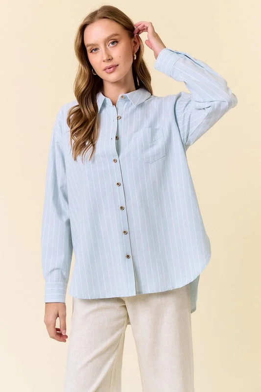 Candice Long Sleeve Oversized Button Down Stripe Print Top Blue