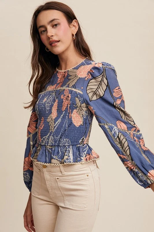 Willow Long Sleeve Floral Print Smocked Top Blue