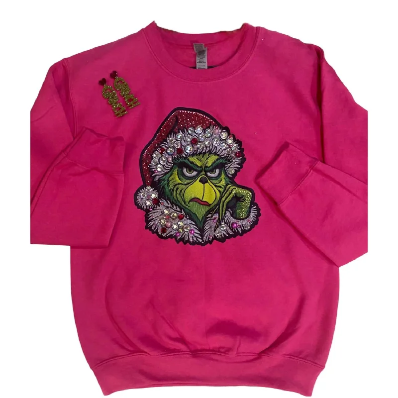 Women's Blinged Out Grinch Holiday Sweatshirt In Pink