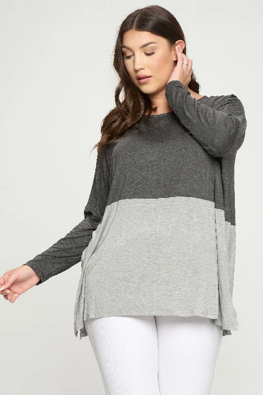 Plus Size Simple Colorblock Long Sleeve Top