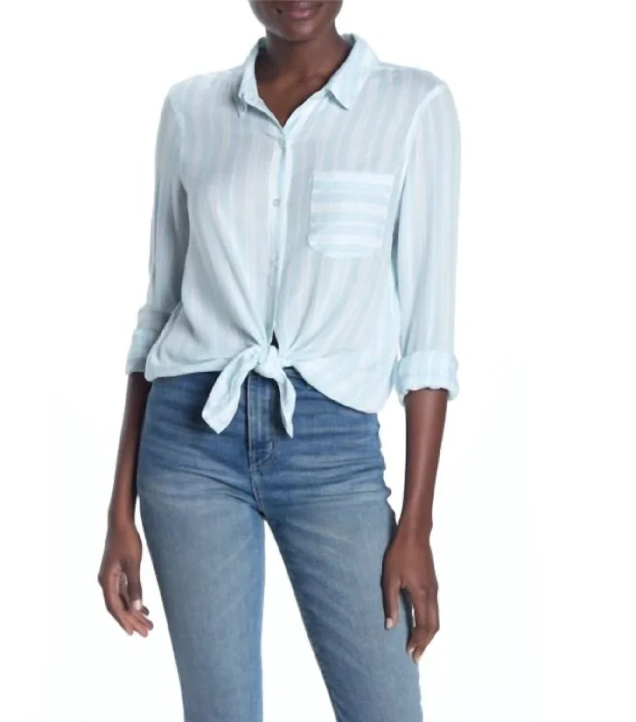 Striped Tie Front Long Sleeve Weekend Button Down Blouse In Blue