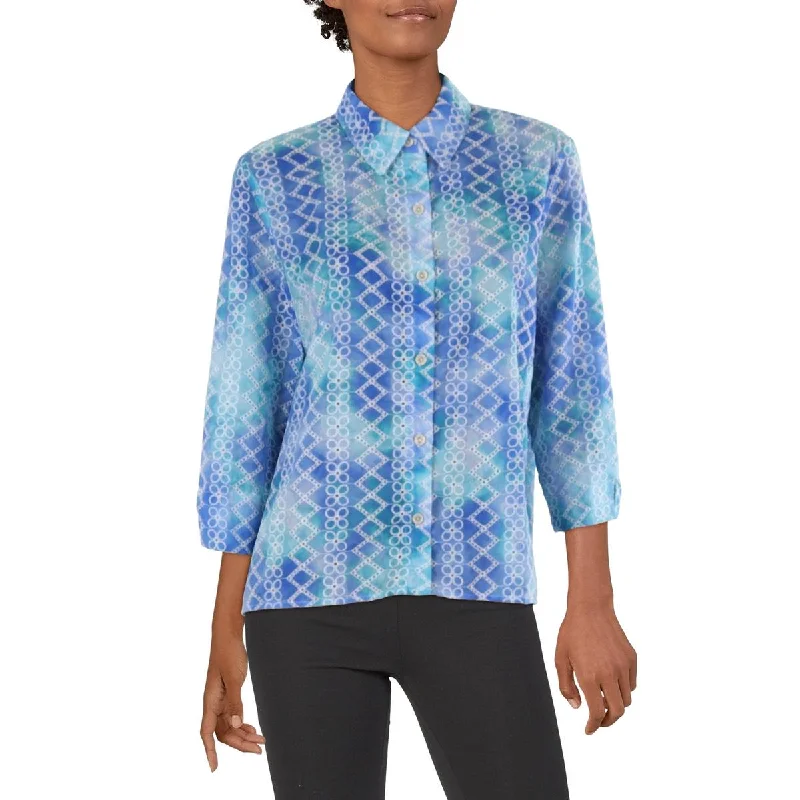 Alfred Dunner Womens Petites Tie-Dye Long Sleeve Button-Down Top