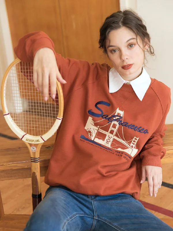 Lola Graphic Embroidery Crewneck Red Fleece Sweatshirt