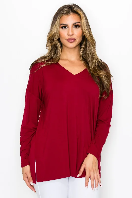 Basic V-Neck Solid Long Sleeve Top