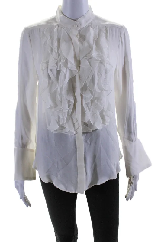 TWP Womens Button Front Long Sleeve Ruffled Silk Shirt White