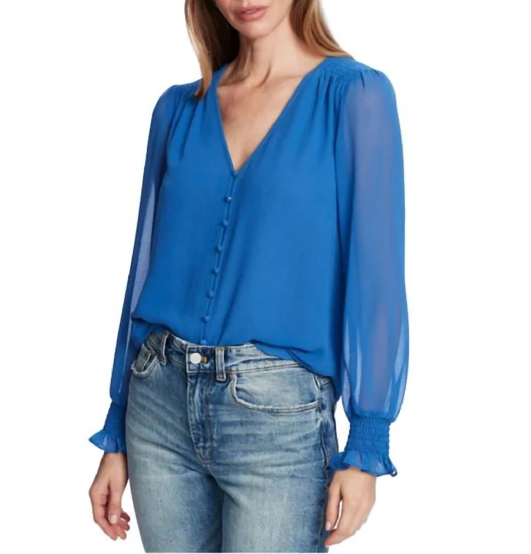 Long Sleeve Smocked Detail Button Front Harbor Waves Blouse In Blue