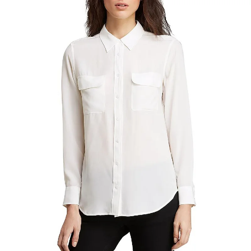 Slim Signature Womens Silk Long Sleeves Button-Down Top