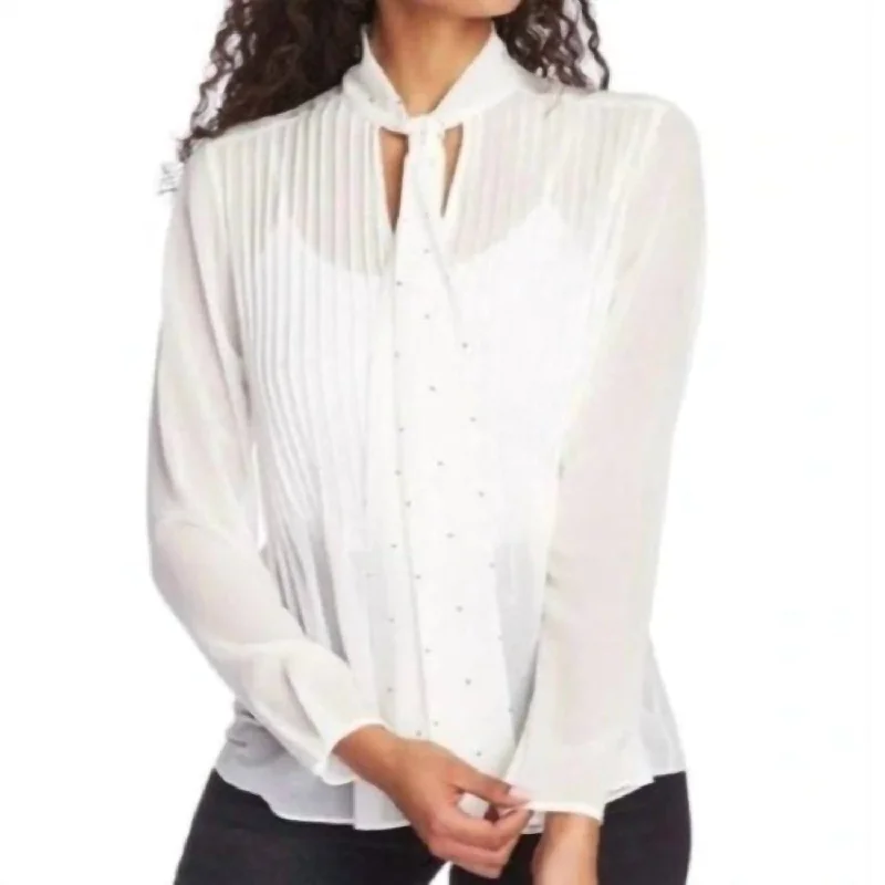 Sheer Drapey Neck Tie Studs Long Sleeve Blouse In White