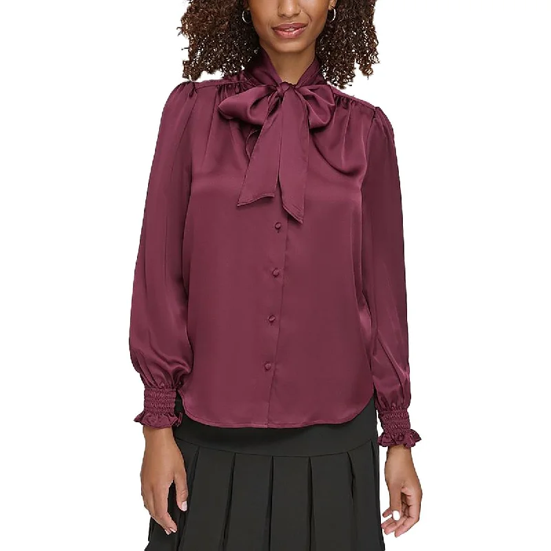 Womens Smocked Long Sleeves Button-Down Top