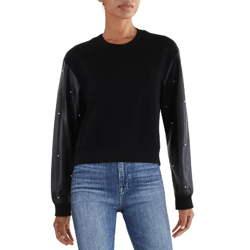 Payton Womens Faux Leather Trim Beaded Sweatshirt