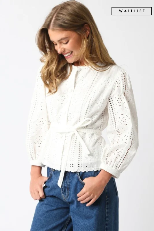 Waitlist 1/20 ♥ Faith Long Sleeve Button Down Waist Tie Eyelet Top White