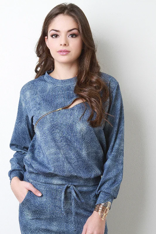 Denim Print Zipper Trim Long Sleeves Sweatshirt