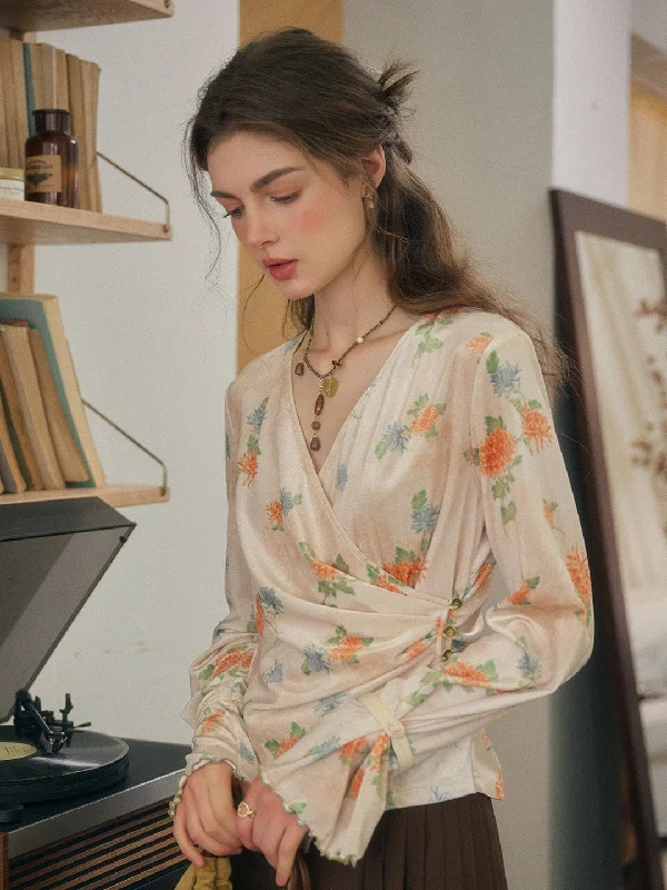 Delphine V-Neck Velvet Floral Blouse