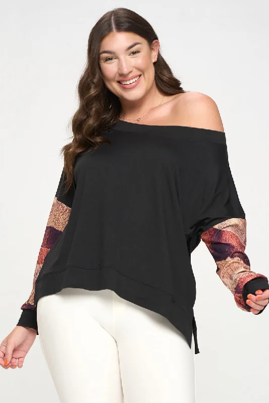 Plus Size Knit Printed Boatneck Long Sleeve Top