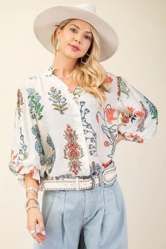 Adele Long Sleeve Button Down Floral Print Print Top White