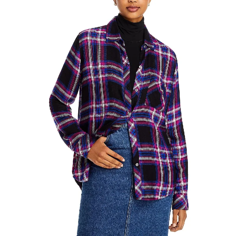 Womens Plaid Long Sleeve Button-Down Top