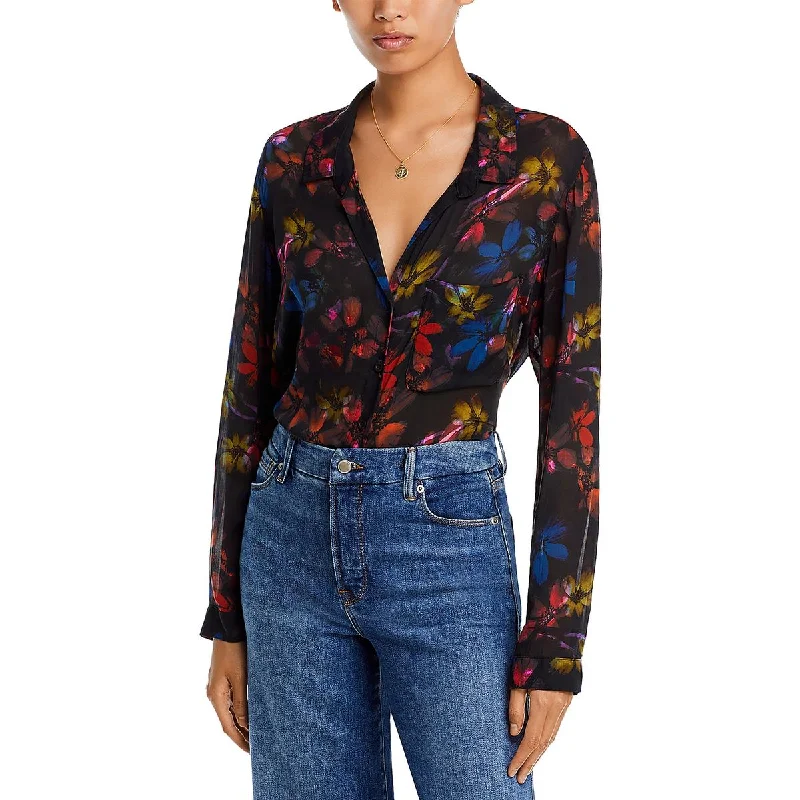 Womens Printed Long Sleeve Button-Down Top