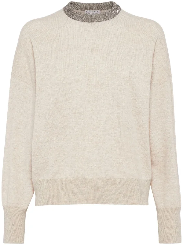 BRUNELLO CUCINELLI Elegant Cashmere Crewneck Sweater with Monili Detail