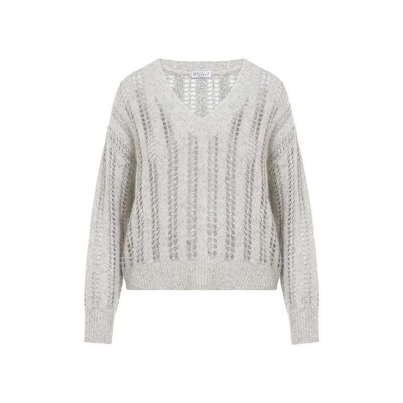 BRUNELLO CUCINELLI Elegant Wool-Mohair V-Neck Sweater with Mesh Design