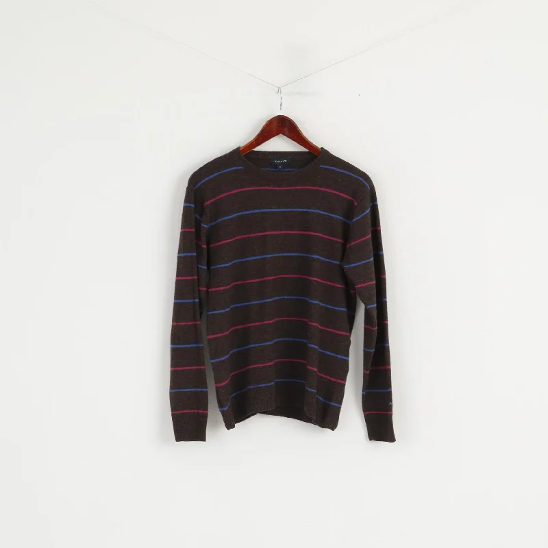 GANT Women M Jumper Brown Striped Wool Crew Neck Soft Sweater