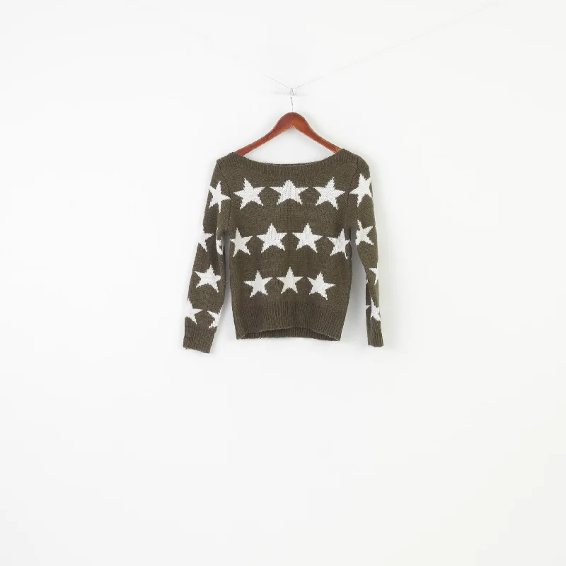 JÖWELL Woman S Jumper Khaki Stars Crew Neck Acrylic Sweater Knitwear Classic Top