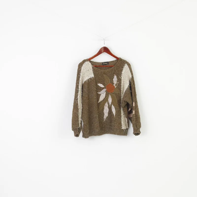 Zadourian Woman M Jumper Khaki Flower Crew Neck Oversize  Shiny Vintage Paris Knitwear Sweater Top