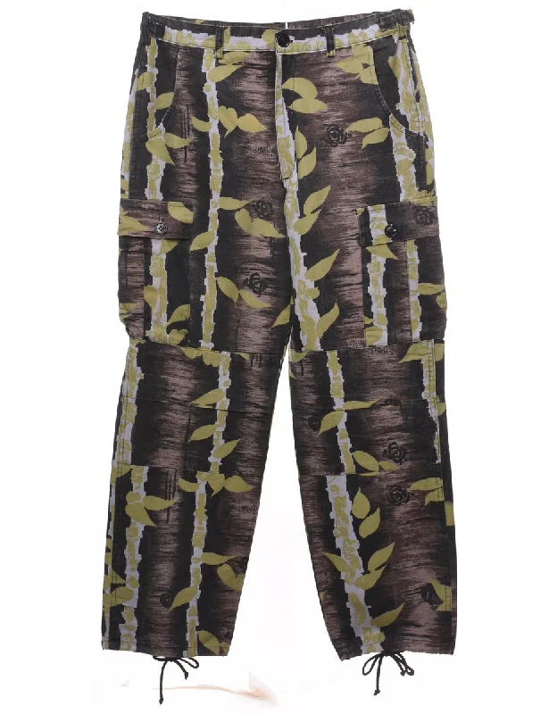 Leafy Print Y2K Style Cargo Trousers - W32 L30