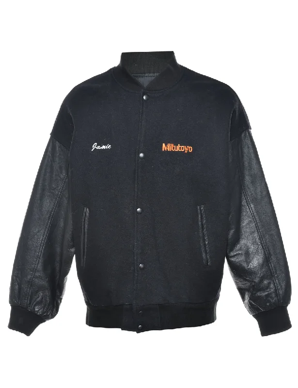 Leather Sleeved Black Team Jacket - L