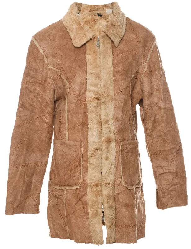 Light Brown Cosy Shearling & Trim Detail Coat - L