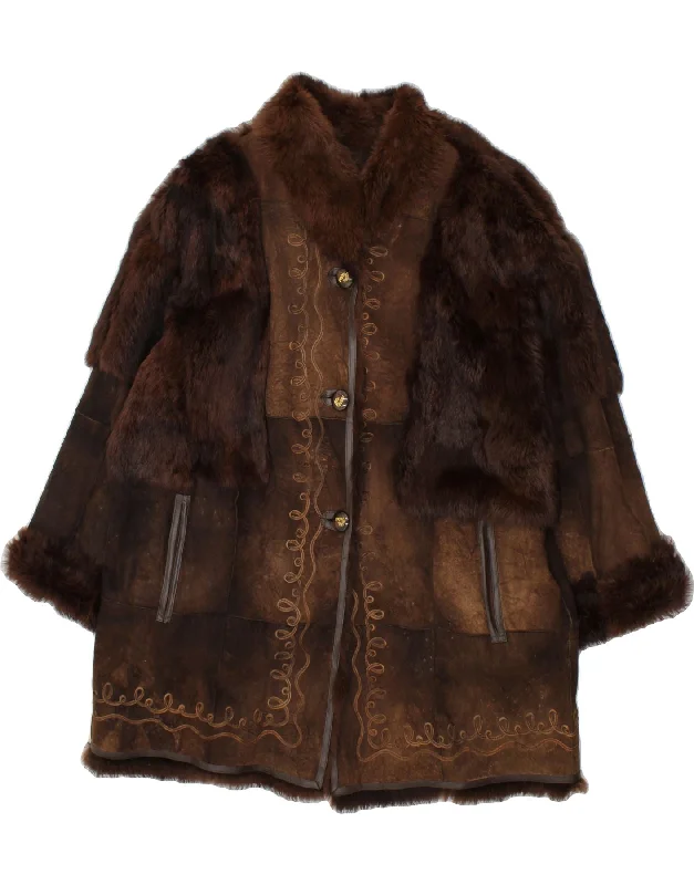 VINTAGE Womens Faux Fur Shearling Coat IT 46 Large Brown